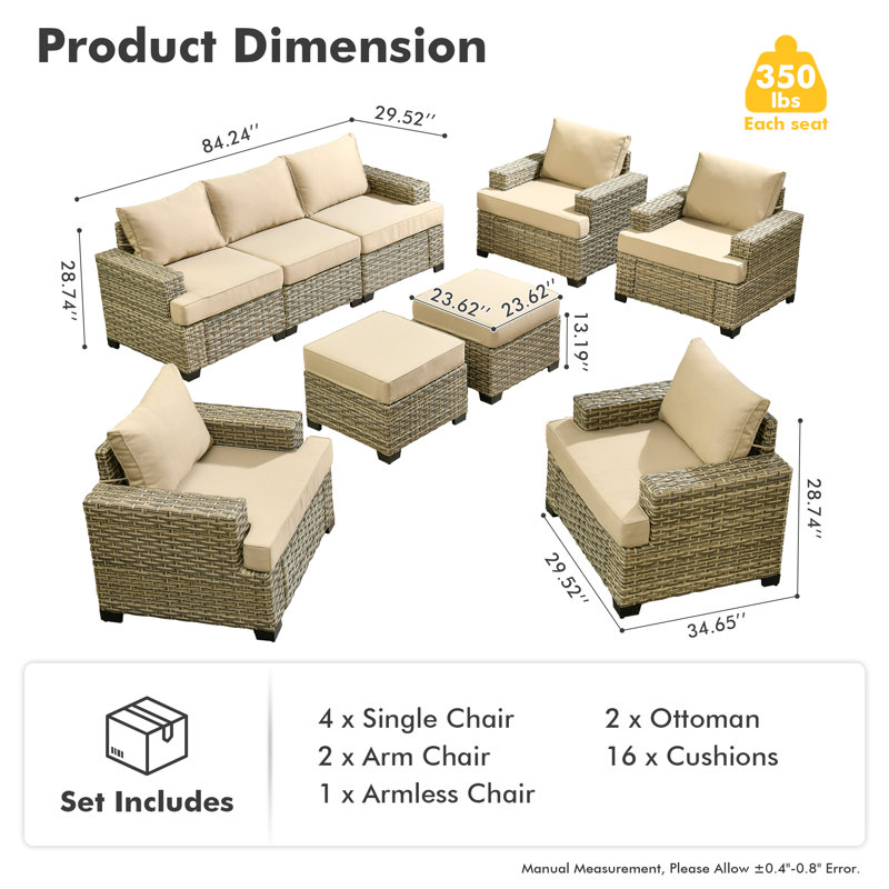 Ensemble de conversation avec canapé en rotin 5 pièces Harbin, No, 7, Beige