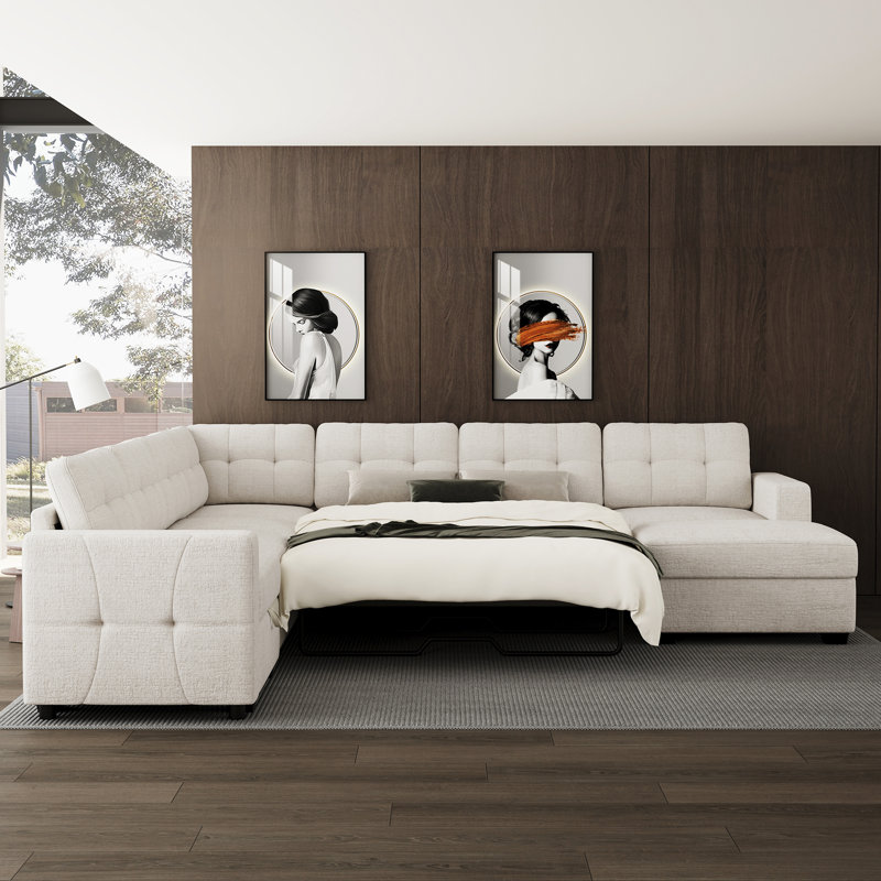 Canapé-lit modulaire en L avec rangement intégré, Beige