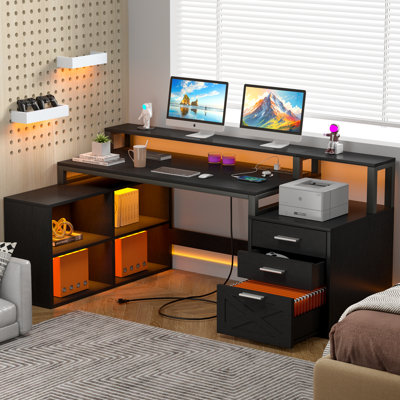 Built-in Outlets L-Shaped Computer Desk with Drawers & Storage Shelves