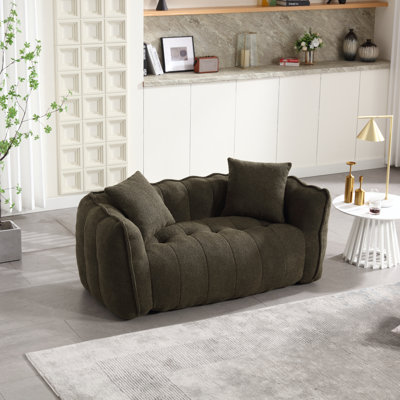 Pouf géant de 168 cm en chenille vert olive - Canapé deux places avec coussins, canapé en mousse confortable