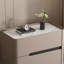 Table de chevet minimaliste de style Mid-Century en bois gris avec 2 tiroirs et tablette ouverte
