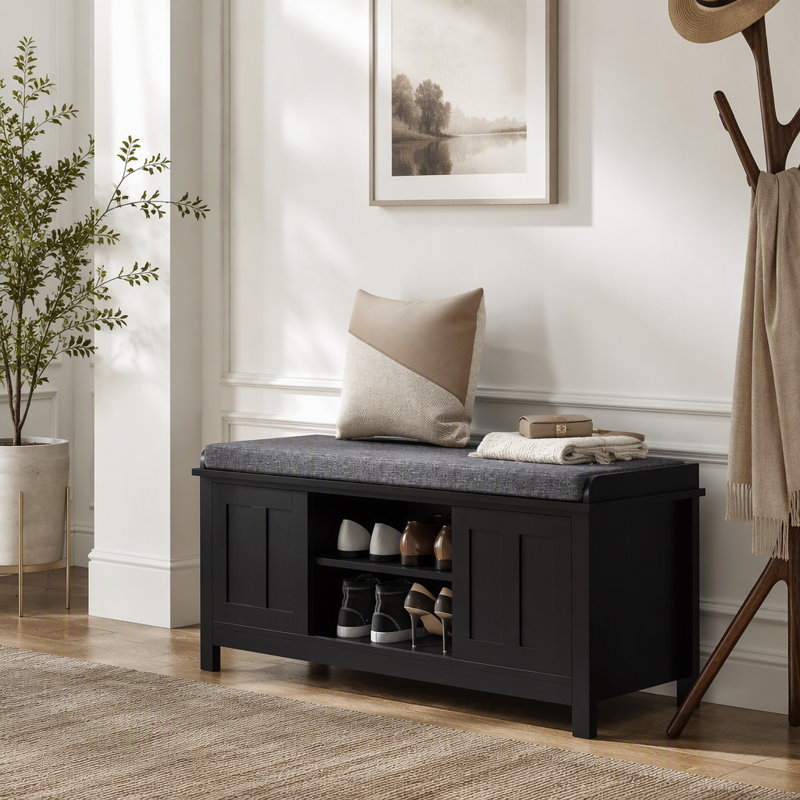 Repose-pieds de rangement pour le hall d'entrée avec portes coulissantes, tablettes réglables, 6 compartiments et siège rembourré, peut contenir 10 paires, noir