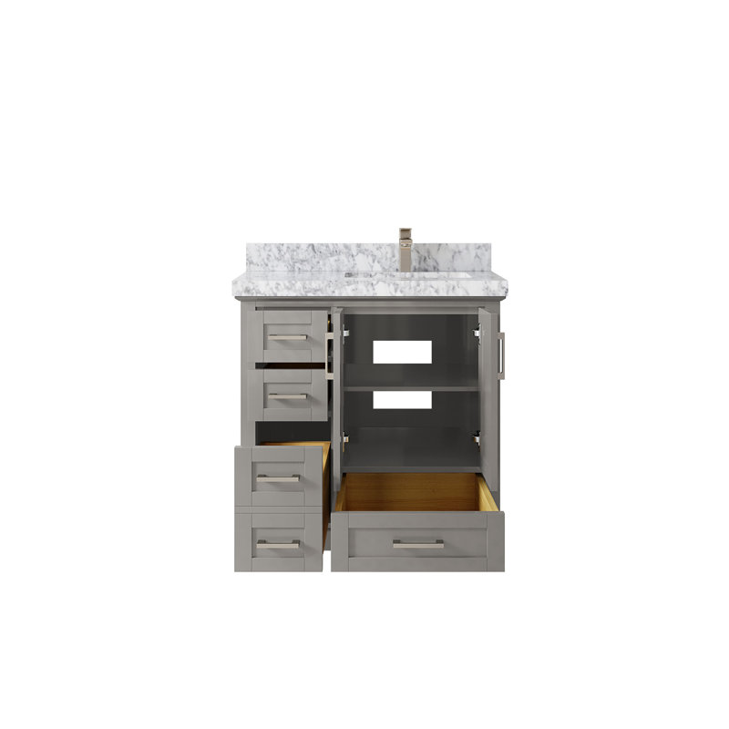 Boston 36 In. W X 22 In. D Right Offset Sink Bathroom Vanity In Elephant Skin Gray With 2 In. Carrara Marble