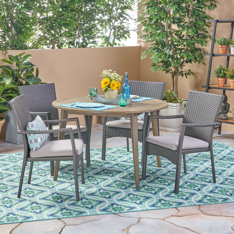 4 - Person Acacia Wicker Patio Dining Set with Round Table, Gray Frame / Gray Cushion