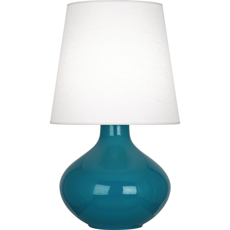 June Ceramic Table Lamp, Oyster Linen, Peacock