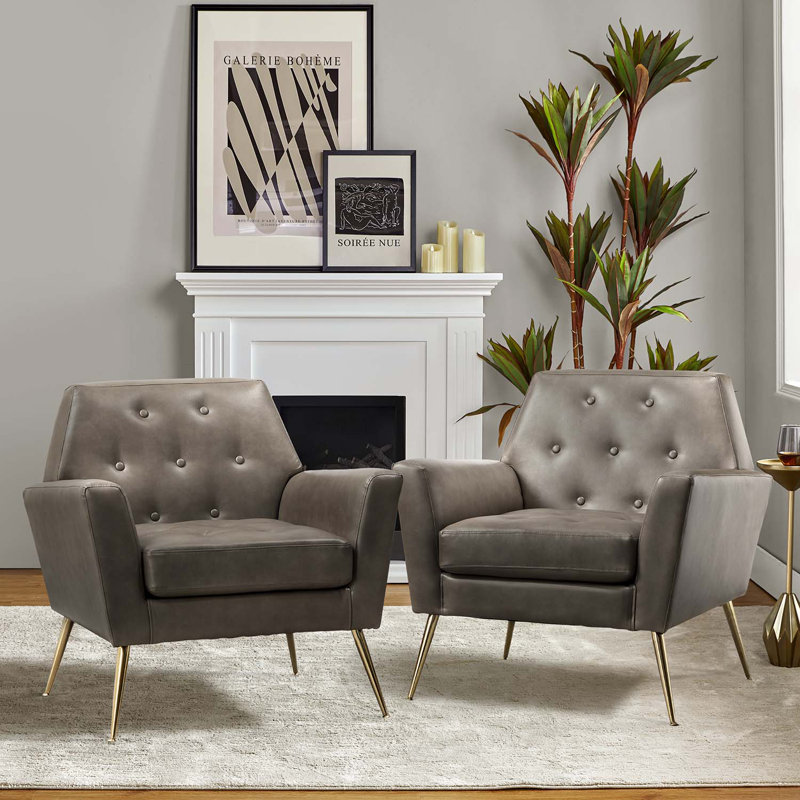 Johan Armchair With Tufted Back, Gray Faux Leather