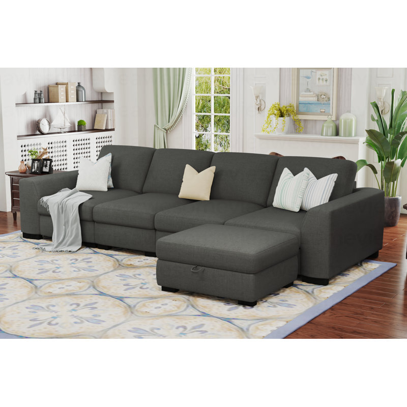 Canapé modulaire en forme de L 130 po avec repose-pieds de rangement en tissu de lin gris foncé