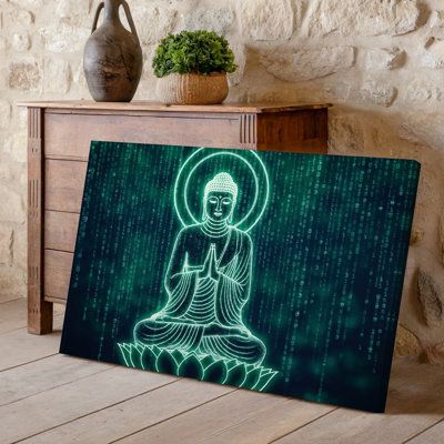 Toile, art serein de Bouddha incandescent assis dans une pose méditative, mains dans un geste de prière entouré d'un art mural complexe