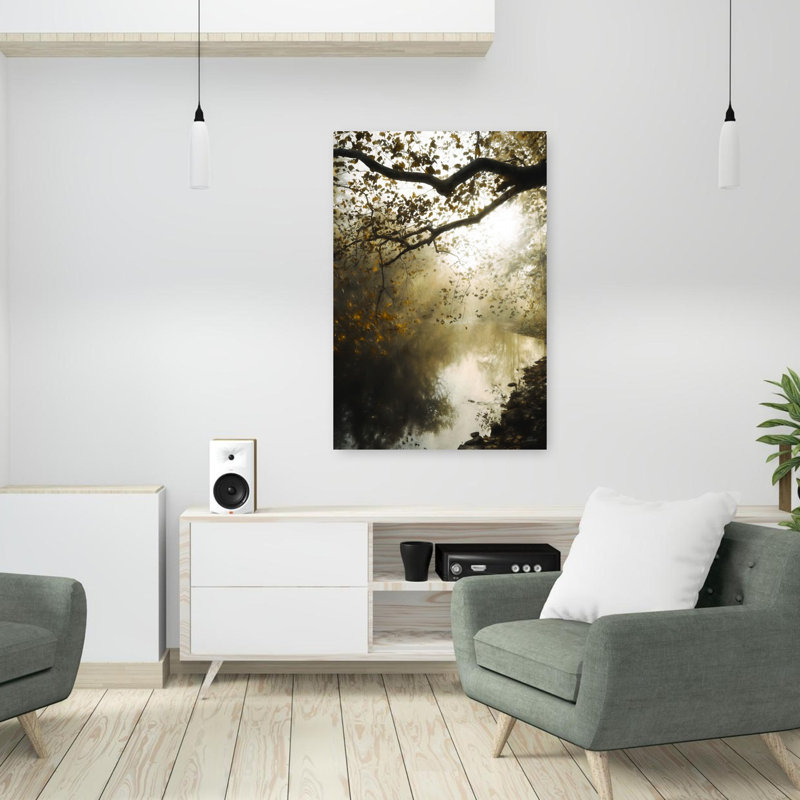 Art contemporain, paysage d'automne abstrait serein et tranquille, H 36 po x l 24 po
