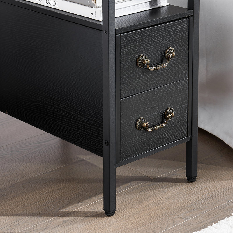 Set of 2 Black Narrow End Tables with Drawers and Open Shelf, Modern Industrial Nightstands with Storage for Bedroom, Sofa Side or Small Spaces