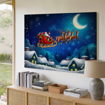 Canvas A Whimsical Winter Scene Depicting Santa Claus In A Vibrant Wall Art Red Sleigh Adorned With Green Garlands Soaring Through A Canvas Wall Art