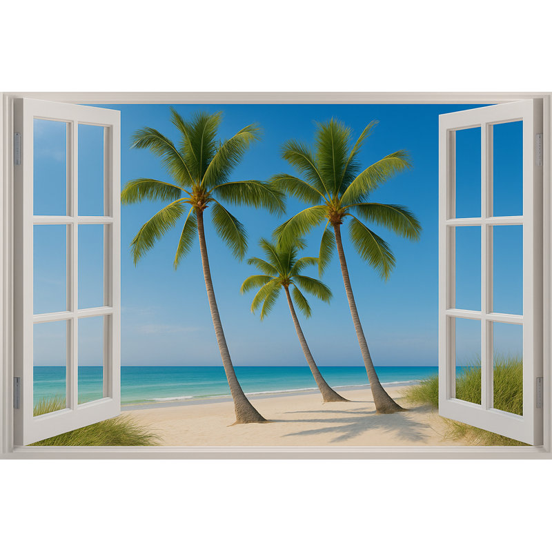 Trio de palmiers sur la plage de sable - série Coastal Window View, H 32 po x l 48 po