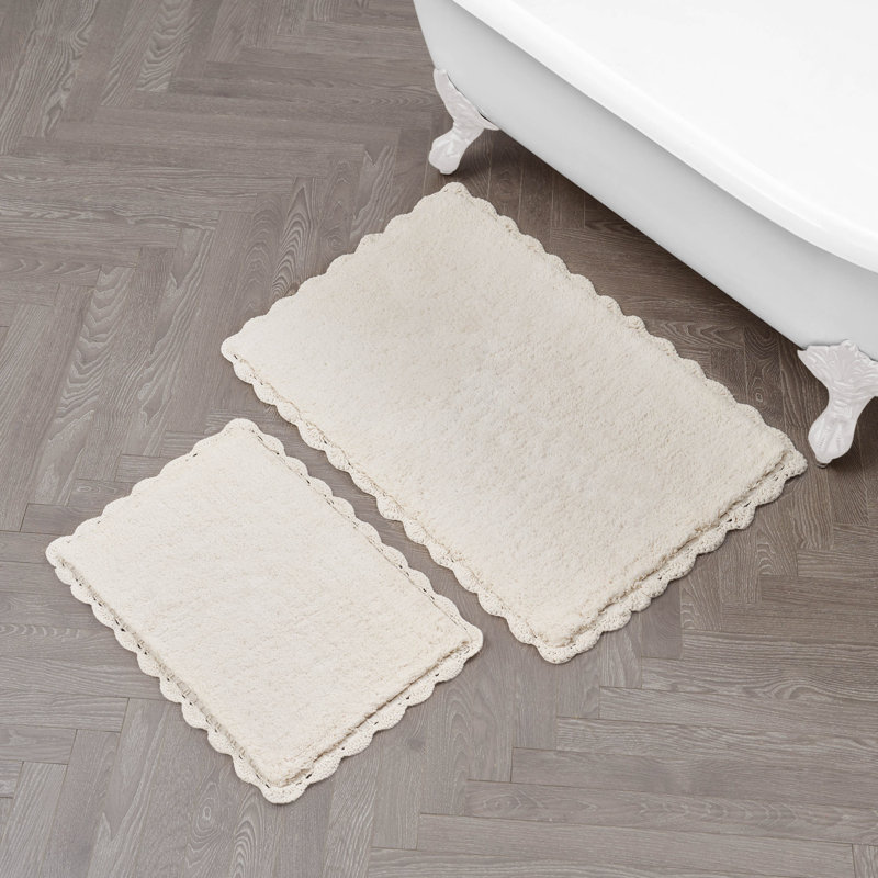 Laura Ashley Heathered Crochet Border Bath Rug 2-Piece Set, Set of 2 - 32" L x 20" W / 24" L x 17" W, Ivory