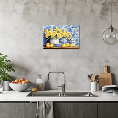  Lemon and Daffodil Canvas Wall Decor, Rustic Blue Pottery with Yellow Floral Painting, Earth-Tone Kitchen Pictures Diner Artwork, 12x18 inches