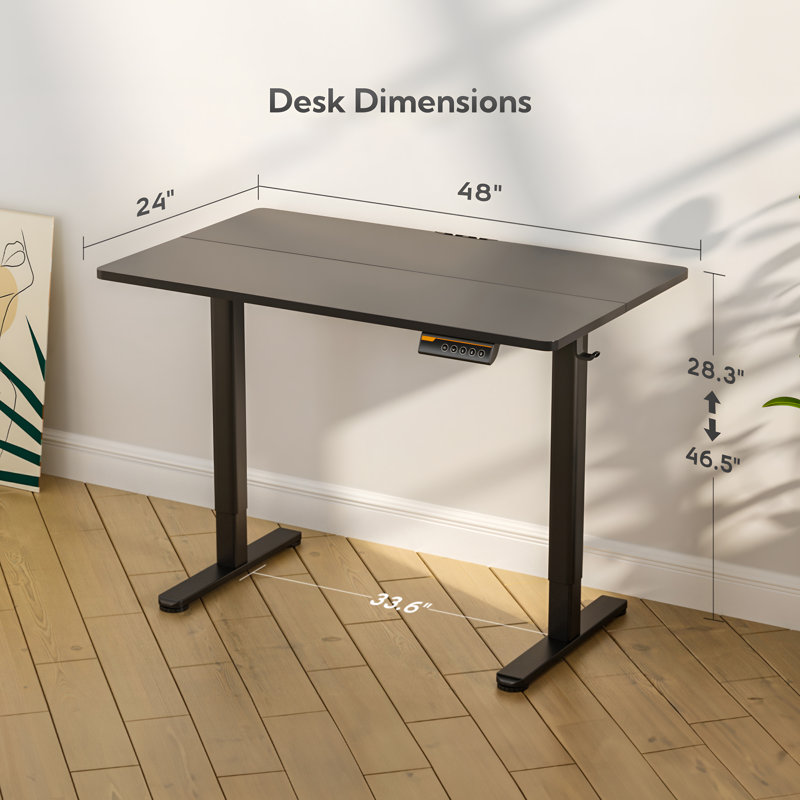 Electric Height Adjustable Standing Desk with Hooks, Black/Black, 46.5" H x 48" W x 24" D
