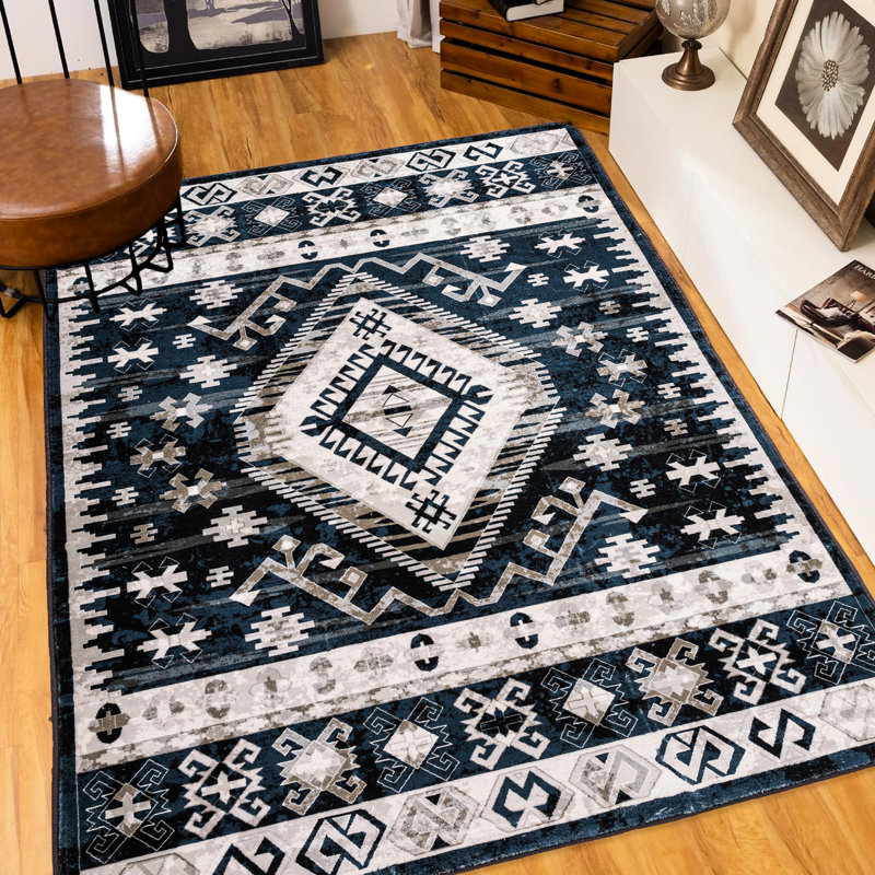 Vintage Area Rug 6X9, Non-Slip Washable For Bedroom - Geometric Blue/Black Living Room Kitchen 6X9 Bedroom, Room,