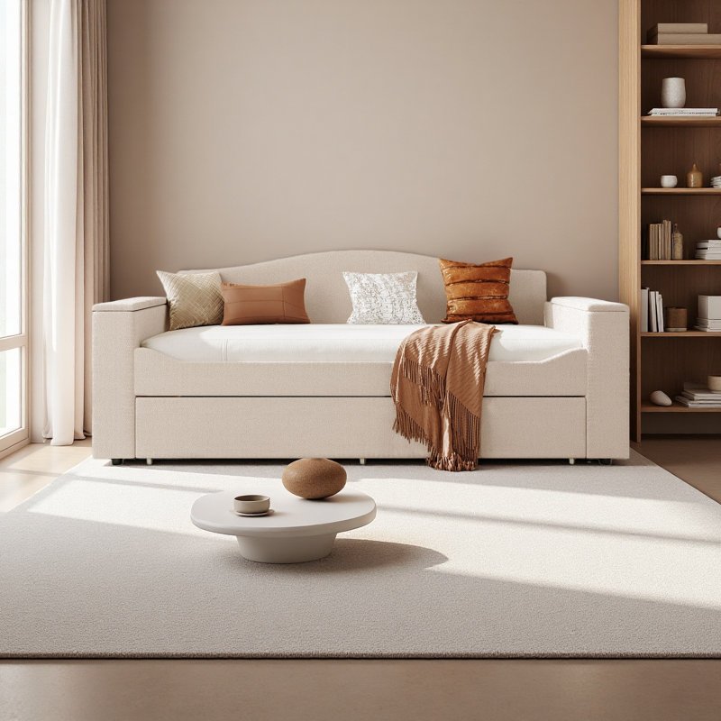 Twin Size Upholstered Daybed With Storage Armrests, Trundle And Latest Integrated Bluetooth Audio System, Teddy Fleece, Beige