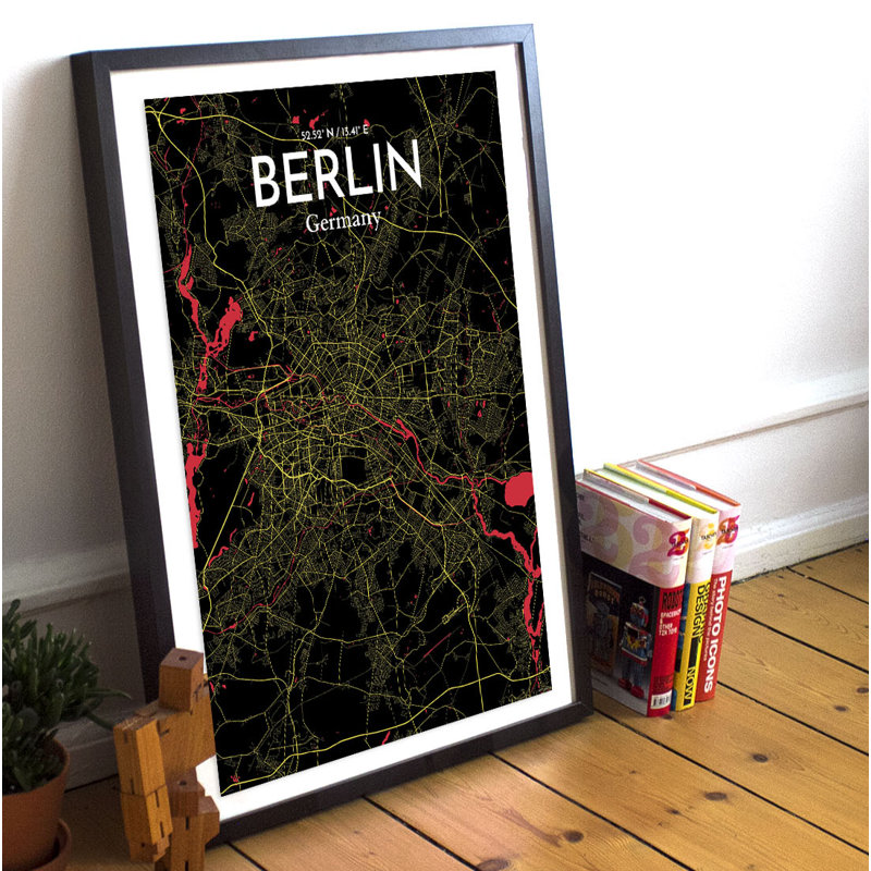 Berlin City Map - Unframed Graphic Art Print on Paper, 43.2cm H x 27.9cm W x 0.1cm D, Red/Yellow