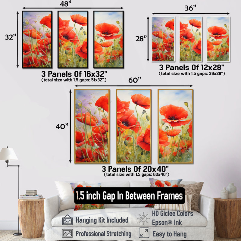 Radiant Red Poppies Pulse - ensemble de salon d'art mural coquelicots, Cadre flottant noir, H 28 po x l 36 po x P 1 po