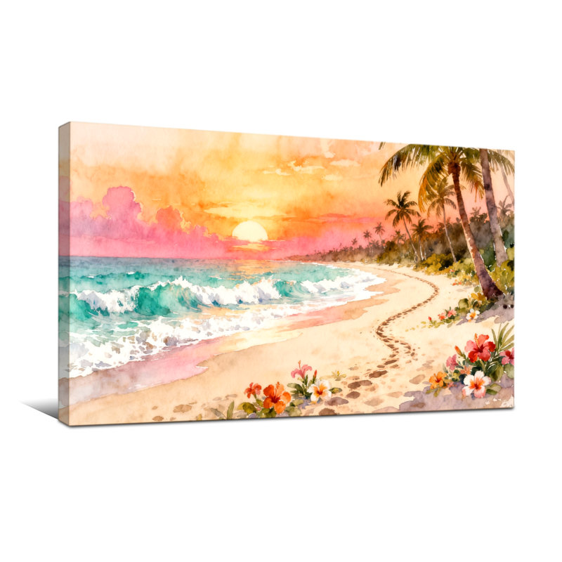 Plantes et fleurs, coucher de soleil tropical, plage, palmiers, fleurs, vagues de l'océan, H 20 po x l 40 po