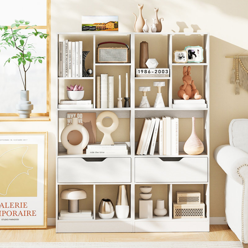 Bibliothèque avec tiroir, bibliothèque ouverte multifonctionnelle, rangement, White