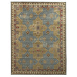 Distressed Homage Hand Knotted Wool Geometric Area Rug in Green, Blue, Beige, Red