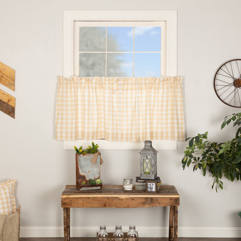 Annie Buffalo Check Plaid Cotton Ruffled Cafe Curtain, Tan, 72" W x 24" L