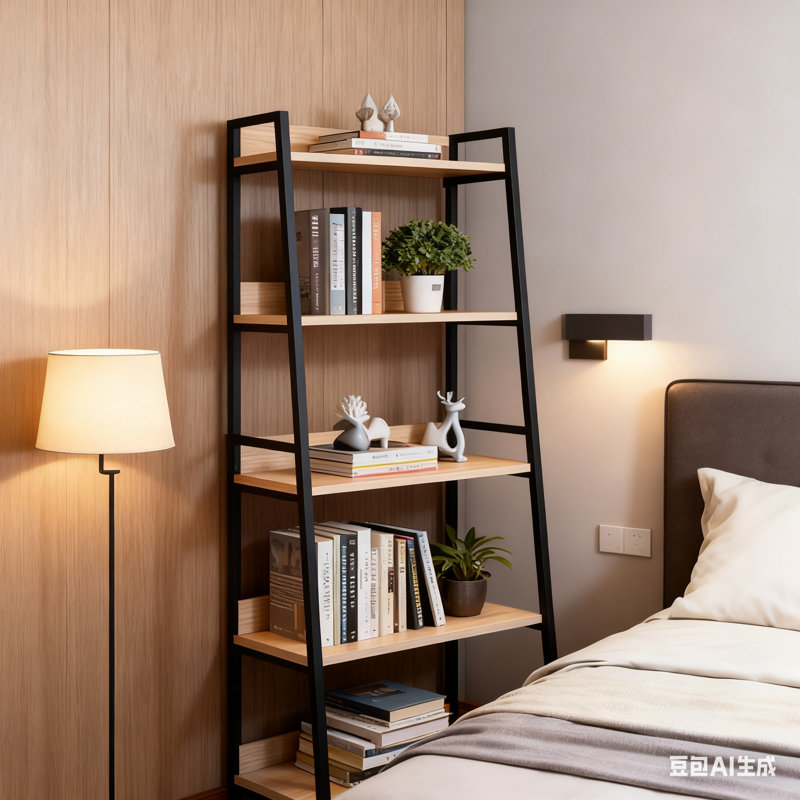 Bibliothèque à échelle inclinée Wendral Natural and Black Finish, (5 tablettes) H 67 po x l 24 po x P 16 po