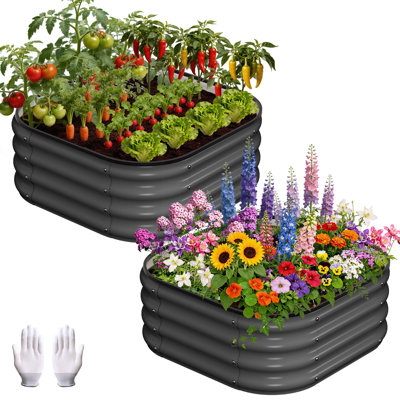 Gray 2 pcs 2x2x1FT Squircle Galvanized Raised Garden Bed Heavy Duty Metal Planter Box Multipurpose Squircle & Rectangular Design for Yard Outdoor Planting