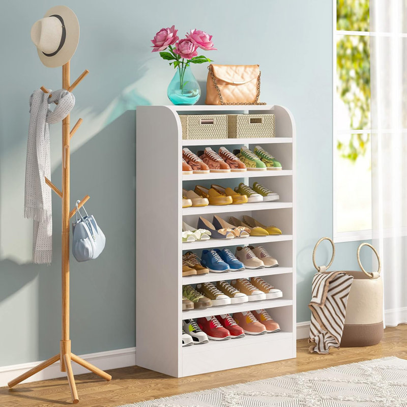 Range-chaussures blanc de 25,59 po de largeur, grande étagère à chaussures à 8 niveaux, armoire à chaussures en bois blanc