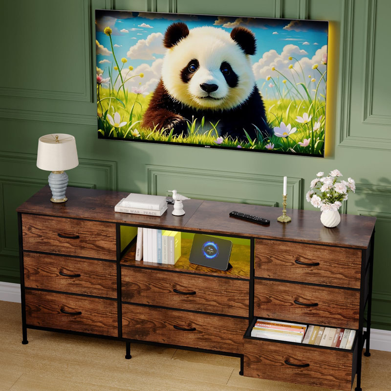 63 inch Brown Modern LED TV Stand Dresser with 8 Fabric Drawers Storage Organizer Fits 65-75 Inch TV Bedroom & Living Room Cabinet