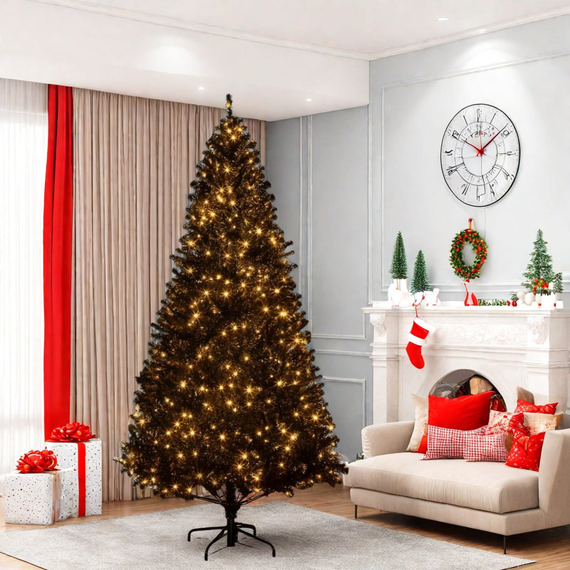 Sapins de Noël illuminés en plastique noir, décor intérieur moderne