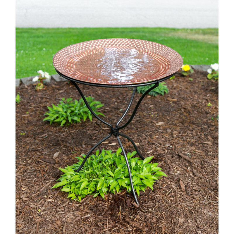 24" Hammered Copper Birdbath with Black Wrought Iron Stand