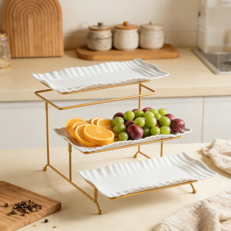 Plateau de service à 3 niveaux, présentoirs à dessert en porcelaine avec support en métal pliable pour les fêtes, les réceptions, les fêtes, le design élégant et robuste