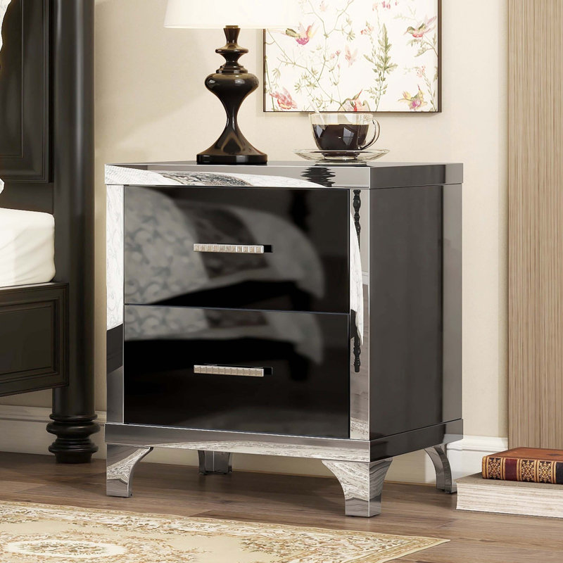 Table de chevet à miroir noire avec 2 tiroirs pour la chambre à coucher et le salon, Noir