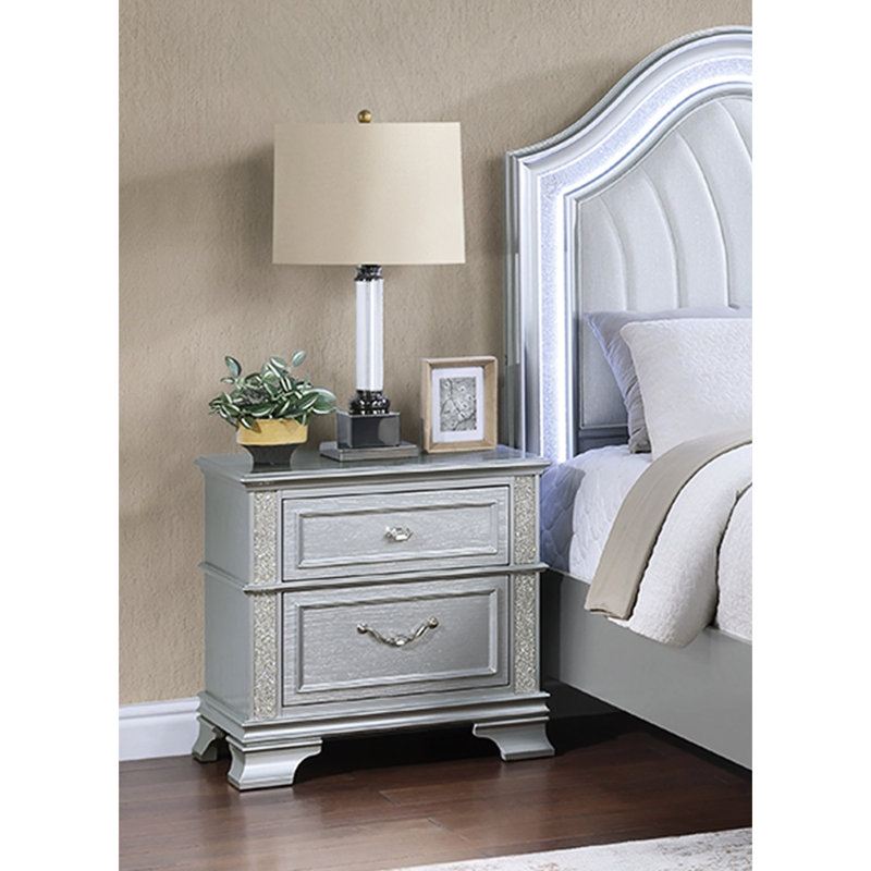 Table de chevet contemporaine à 2 tiroirs gris avec poignée de tiroir à paillettes et façade scintillante, table de chevet de chambre à coucher de style classique, accents éblouissants argentés, poignée en cristal, bois massif