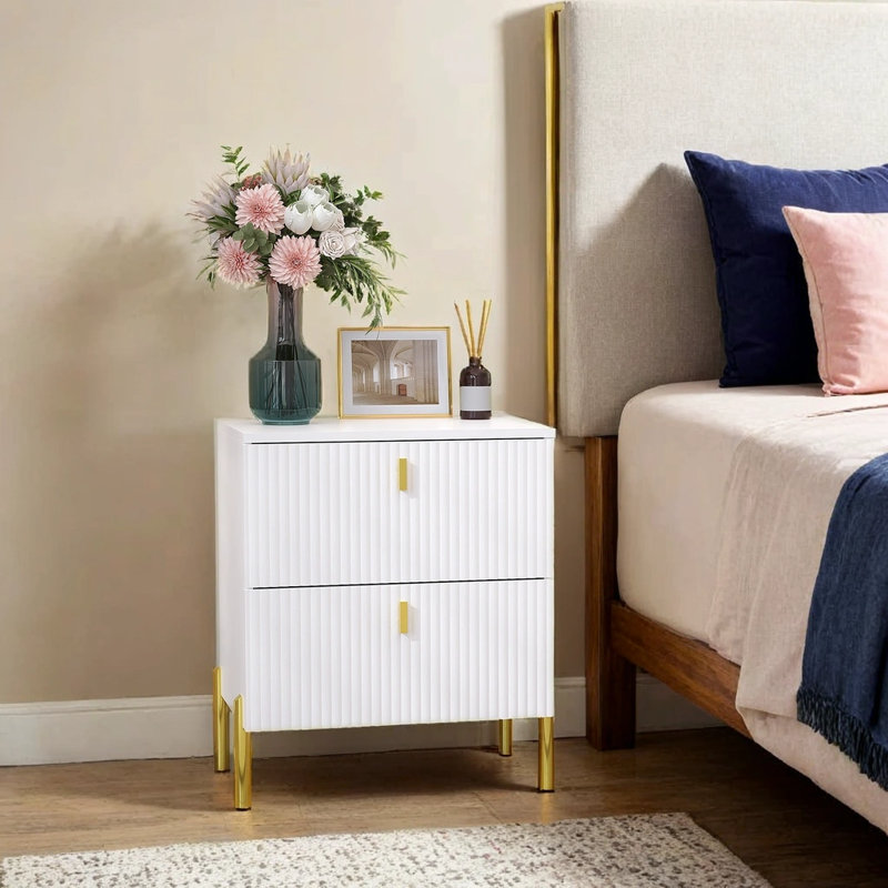 Luxury Fluted Night Stand Set Of 2, Nightstand With 2 Drawers, Modern Bedside Table With Golden Legs And Handles, End Tables For Living Room Bedroom