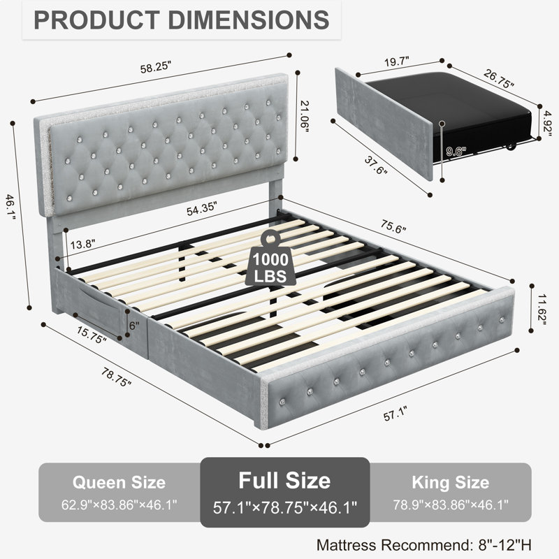 Velvet Bed Frame with 2 Drawers, Upholstered Headboard, LED Footboard and Side Pockets, Full, Gray