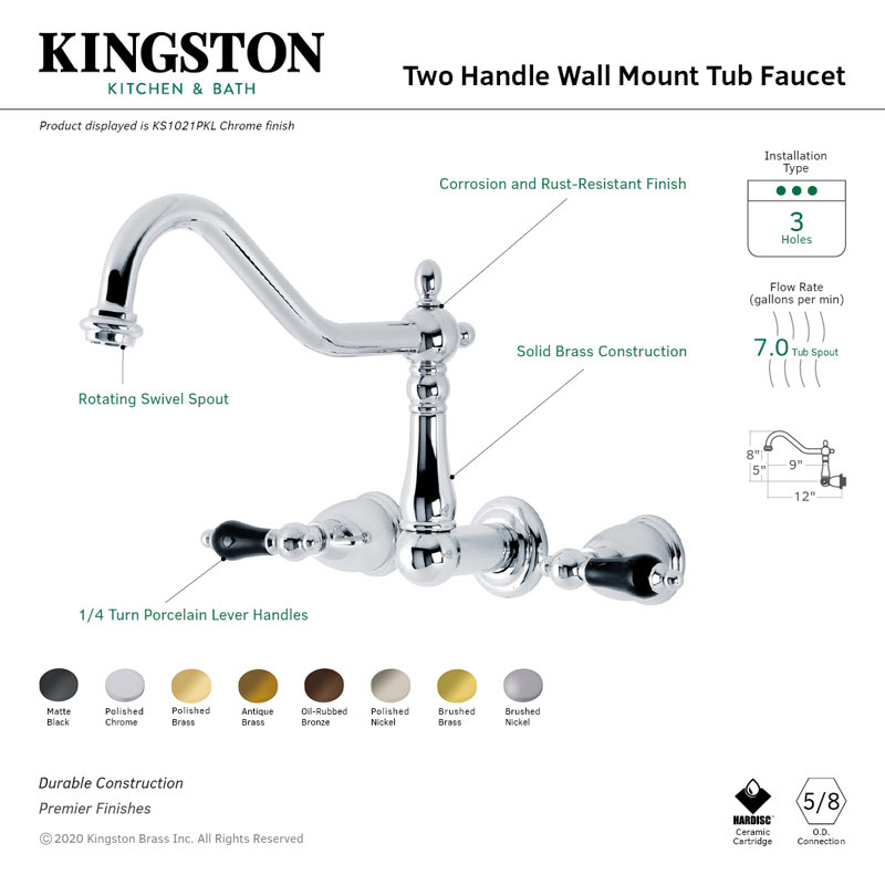 Kingston Brass Duchess Two-Handle 3-Hole Wall Mount Roman Tub Faucet, Oil Rubbed Bronze