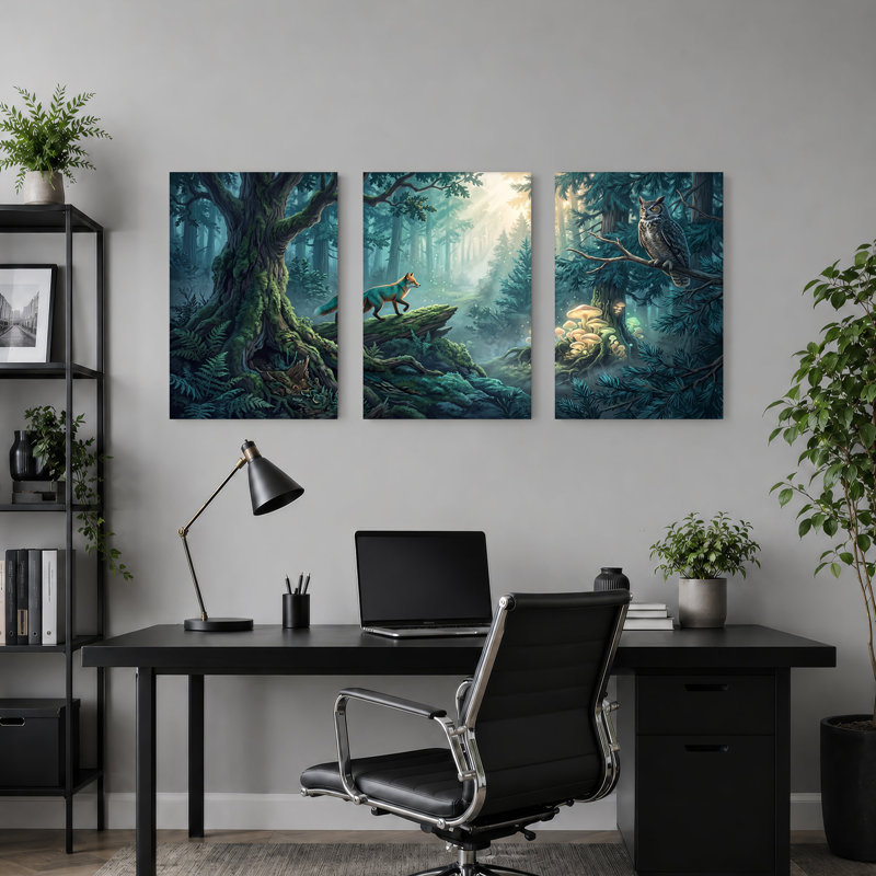 Renard et hibou dans une forêt bleue avec des champignons lumineux, art mural sur toile, H 24 po x l 16 po x 3 pièces