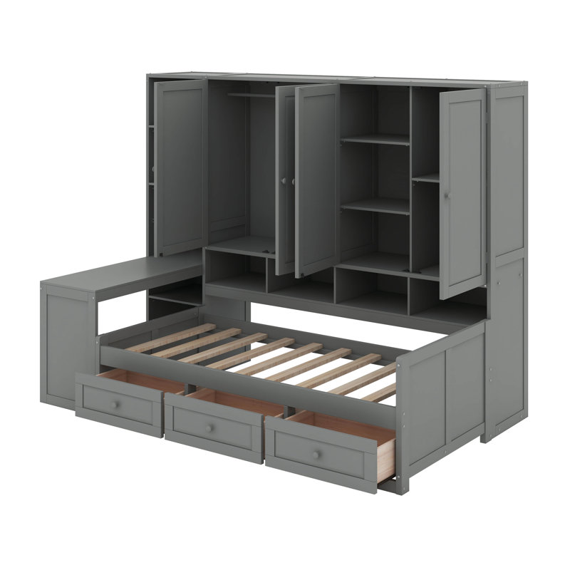 Lit de jour simple en bois avec tiroirs, bureau et tablettes, Gris
