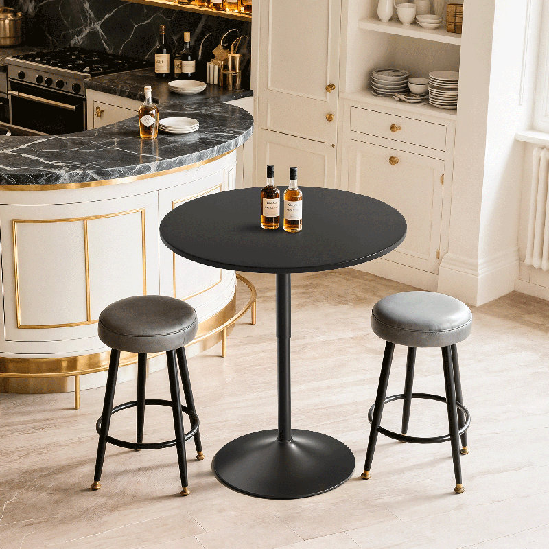 32" Bistro Pub Table, Adjustable Round Bar Height Cocktail Table With Metal Base and Wood Tabletop, Black