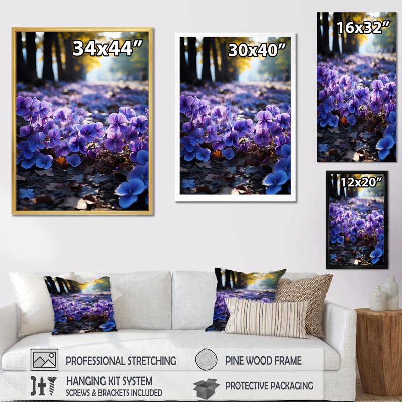 " Violets Whispering Forest I ", 44" H x 34" W x 1.5" D, Gold Floater Framed