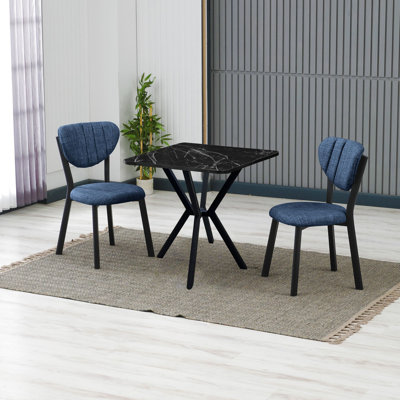 Ensemble de table et chaises de salle à manger extensible Modern (3 pièces), bleu marine et noir | Table en carton 100% mélaminé, table: 27,6 po x 29,1 po x 27,6 po | Chaises: 18,5 po x 33,5 po x 17,7 po | Structure en métal durable et tissu de lin, parfait pour les salles à manger élégantes