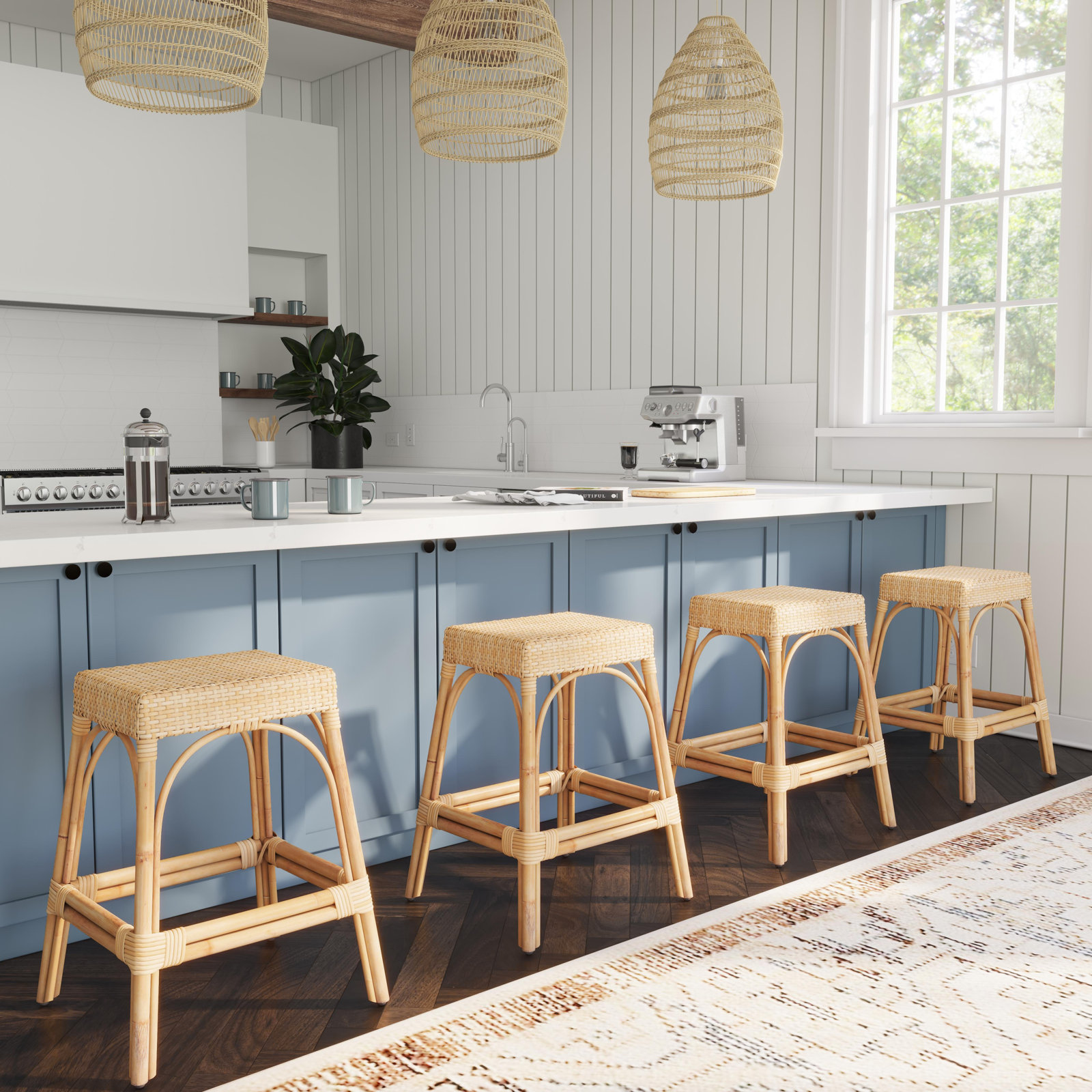 Lennart Bar Stool, Counter Stool (24.5" Seat Height), Natural/ Natural Rattan Frame
