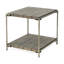 Table de salon avec structure en métal. Plateau en bois au fini graphite vieilli. Étagère fixe élégante. Dimensions : 58,5 cm (L) x 68,5 cm (P) x 61 cm (H). Finition graphite pour un style moderne. Structure et rangement pratiques.