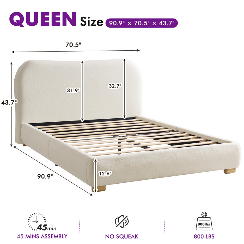 Modern Upholstered Platform Bed with Curved Headboard and Rounded Footboard, Cream, Queen