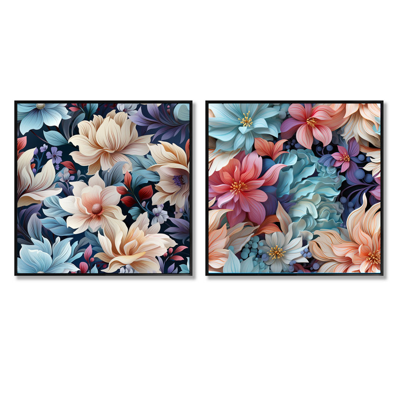 Dawsonville - Ensemble de 2 collages carrés botaniques abstraits, Cadre flottant noir, H 16 po x l 33 po