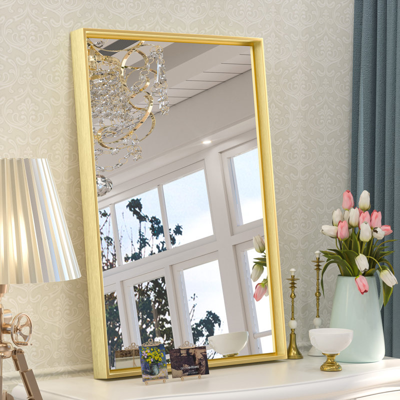 Miroir de salle de bain rectangulaire avec cadre en aluminium et verre trempé, Doré, 24 po x 16 po