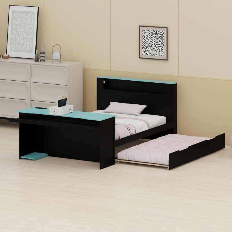 Lit de jour multi-usage en bois avec couchette, bureau d'étude, lumière DEL et charge USB, Noir / Bleu